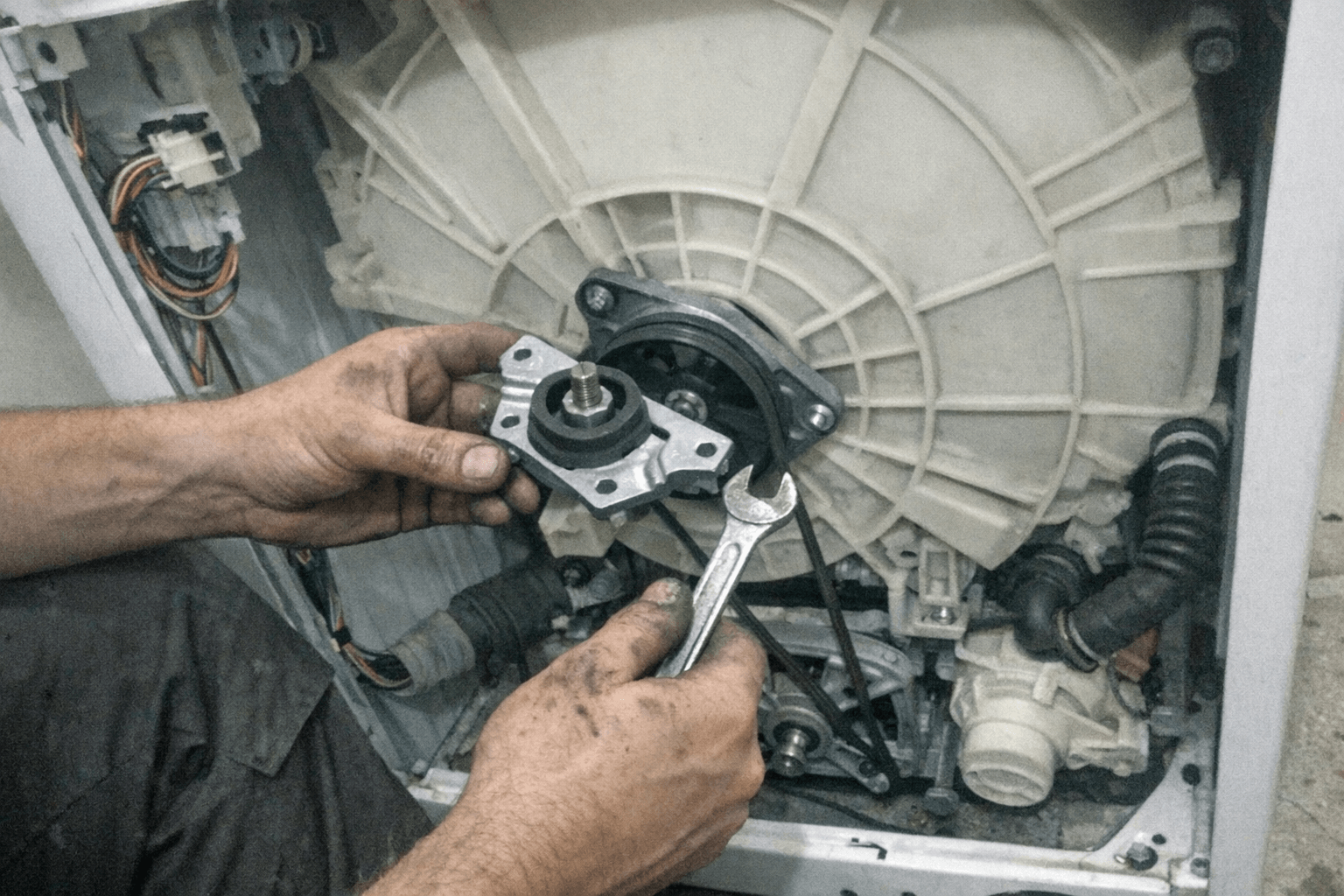 Techniker beim Austausch von Komponenten in der Waschmaschine