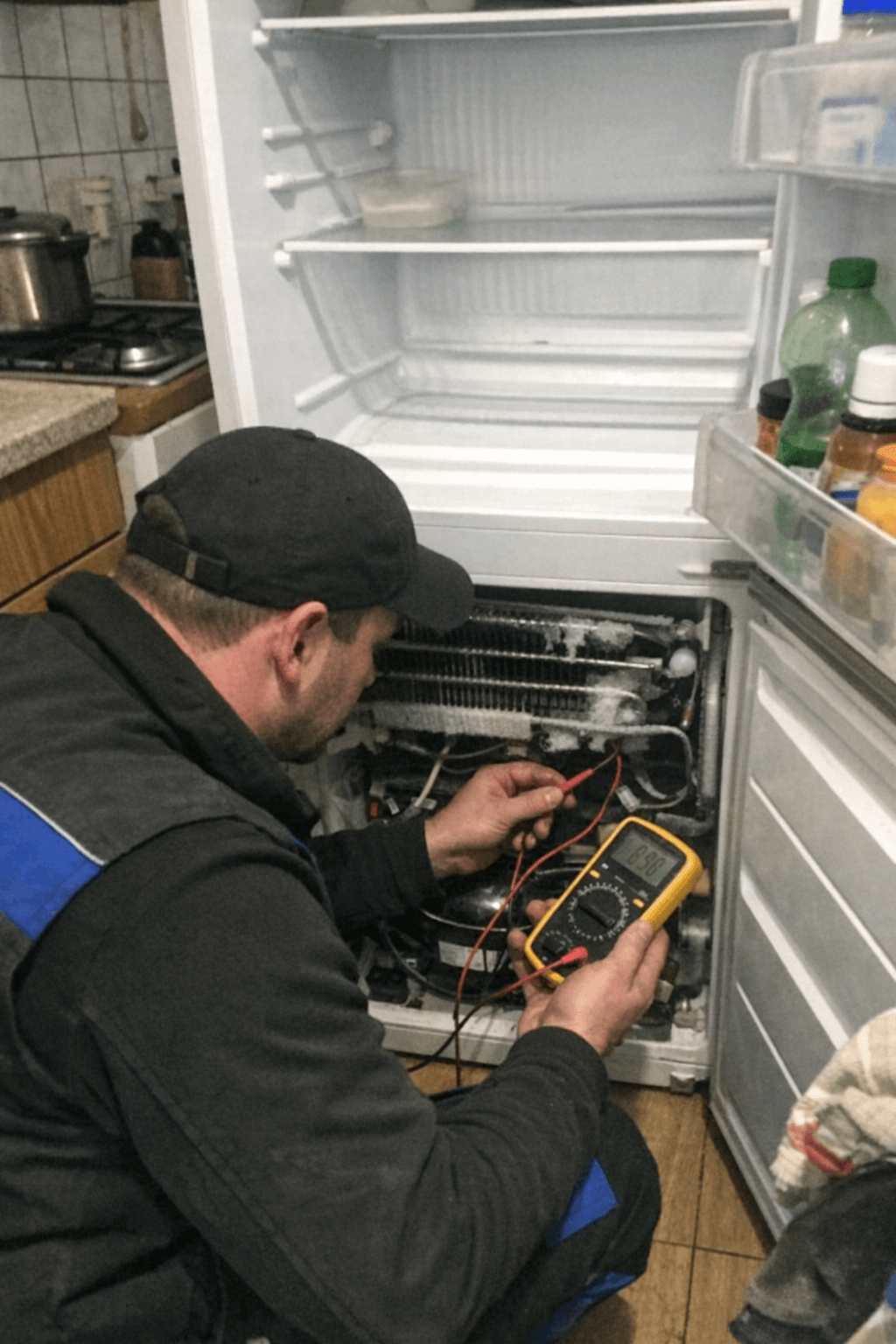 Fachmann bei der Prüfung eines Kühlschranks